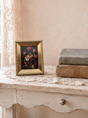 Vintage Miniature Floral Still Life Print Ornate Gold Frame 6x5